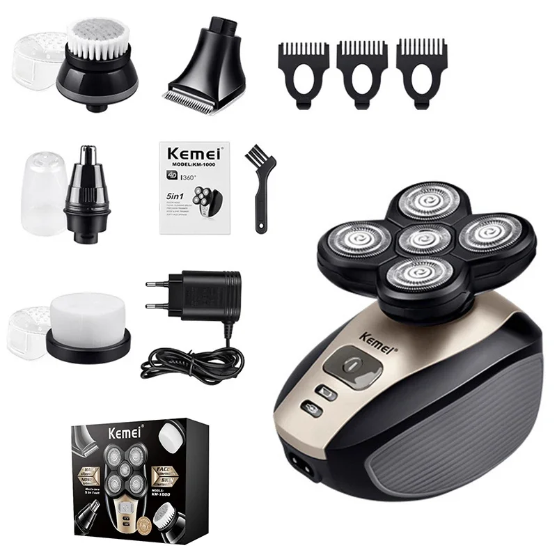 

Kemei 5 In 1 4D Men Rechargeable Bald Head Electric Shaver 5 Floating Heads Beard Nose Ear Hair Trimmer Razor Clipper Face Brush