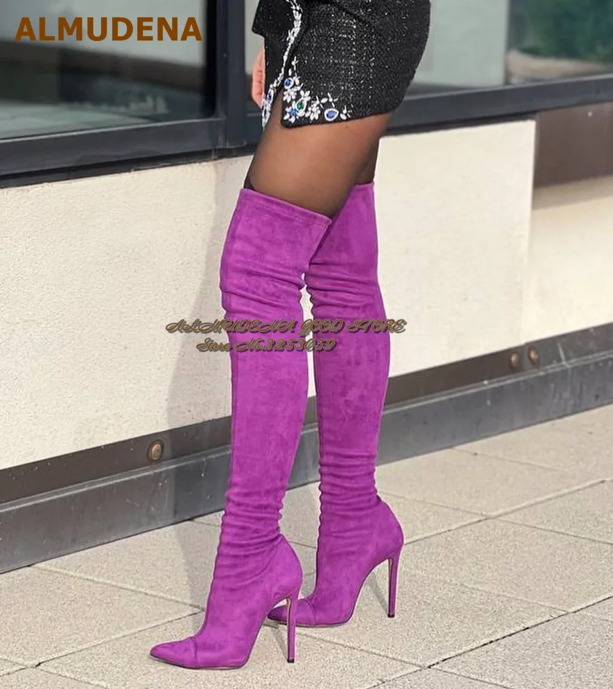 

ALMUDENA Purple Pink Brown Suede Over The Knee Boots Elegant Stiletto Heels Pointed Toe Thigh High Boots Size46 Long Dress Shoes