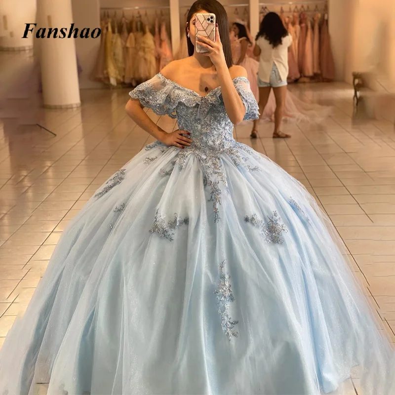 Fanshao Ball Gown Dresses for Girls15 Saudic Arabrion Sparkly Crystals Off the Shoulder Tulle Appliques Lace Up Custom Made
Fanshao Ball Gown Dresses for Girls15 Saudic Arabrion Sparkly Crystals Off the Shoulder Tulle Appliques Lace Up Custom Made