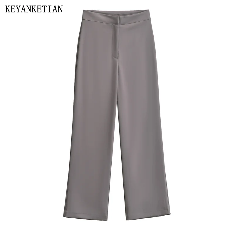 

KEYANKETIAN New Launch Women's Simply Zipper High-Waisted Wide-Leg Pants Spring Office Lady Solid Straight Pants Long Trousers