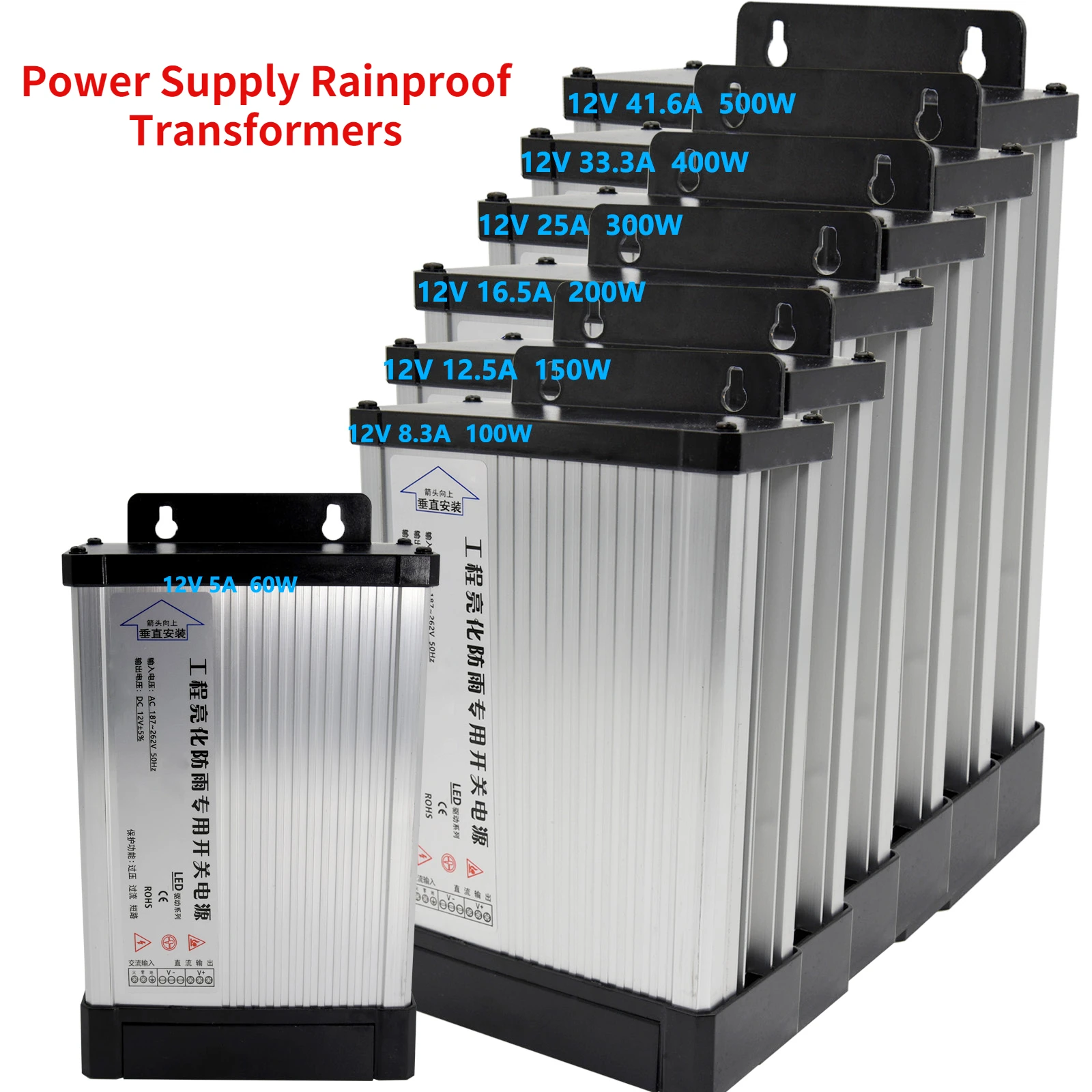 

Outdoor Switching Power Supply Rainproof Transformers DC 12V/24V/5V 500W 400W 300W 200W 100W for Led Driver Lighting Waterproof