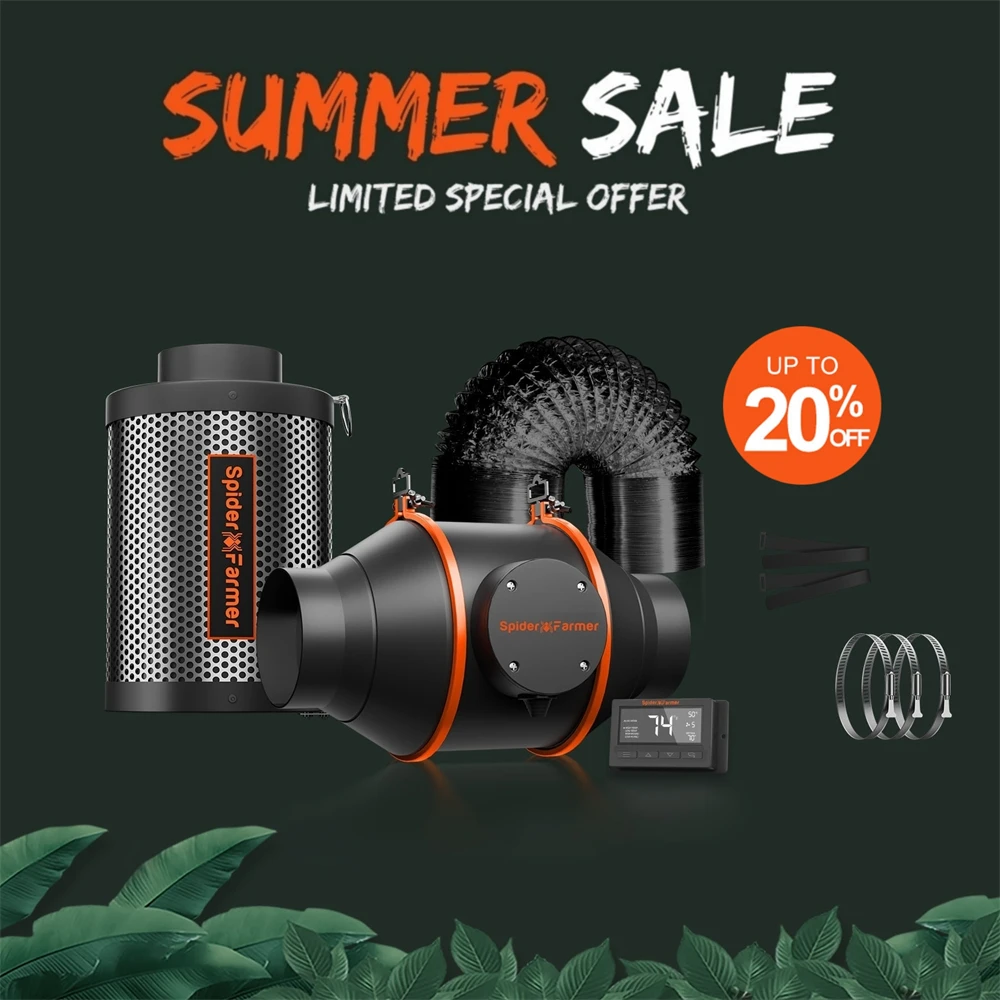 Spider Farmer 6Inch Intelligent Inline Fan Carbon Filter Ventilation Ducting Kit Temperature Humidity Controller Grow Tent Kits
Spider Farmer 6Inch Intelligent Inline Fan Carbon Filter Ventilation Ducting Kit Temperature Humidity Controller Grow Tent Kits