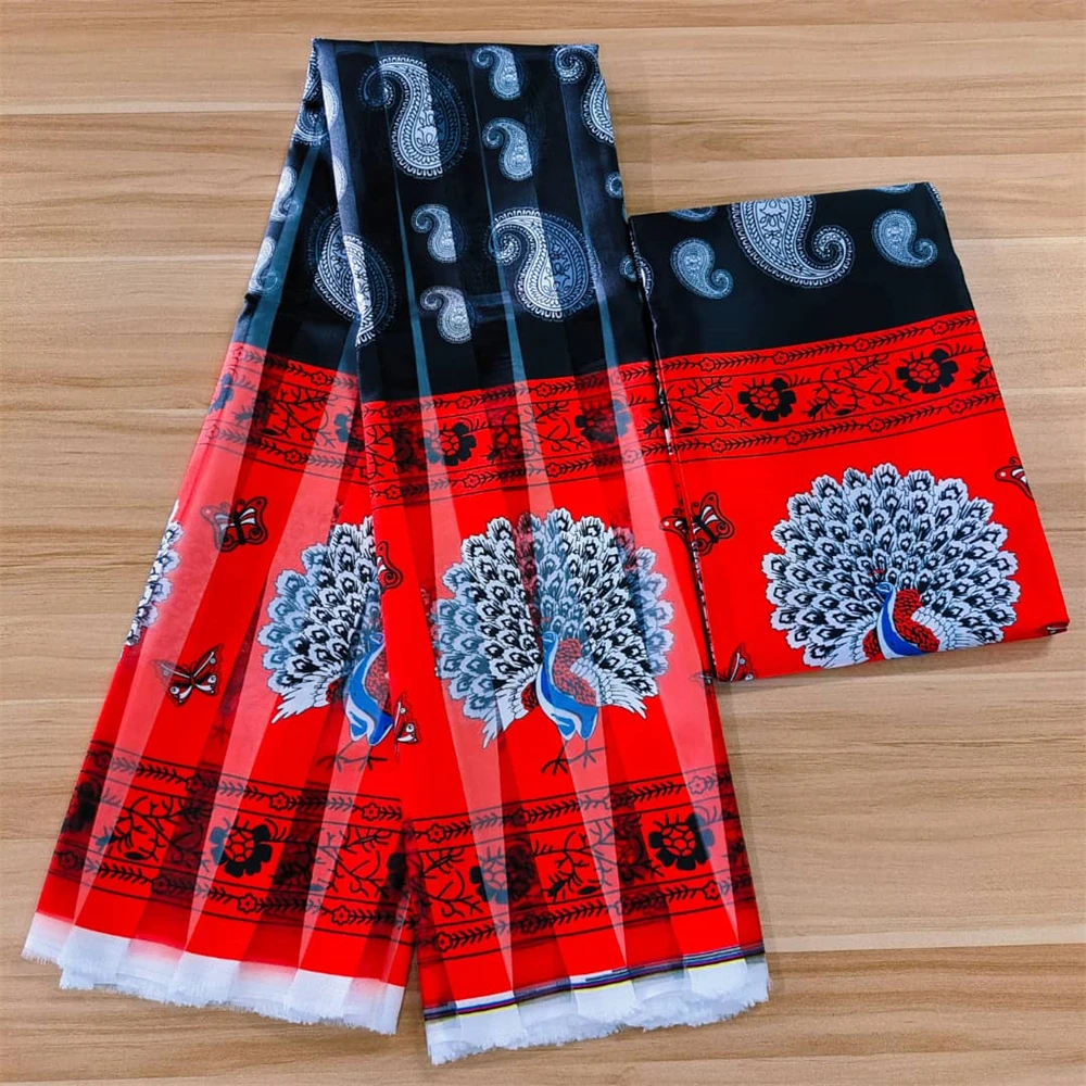 

3+3 Yards African Satin Cloth Peacock Organza Silk Wax Nigerian Fabric For Women Dress
