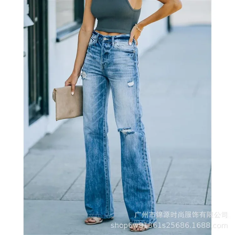 

Fashion Vintage Women's High Waist Wide Pant Solid Casual Baggy Ripped Jeans Pants for Women Youthful Female Trousers Streetwear