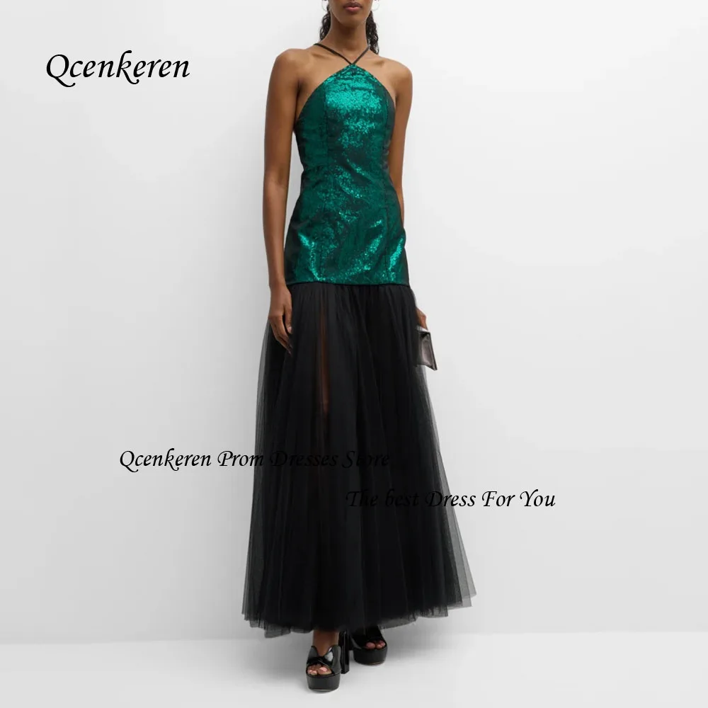 

Темно-зеленое платье Qcenkern с лямкой на шее для выпускного вечера, блестящее вечернее платье-русалка, платье до пола без рукавов, великолепные платья из Дубая
