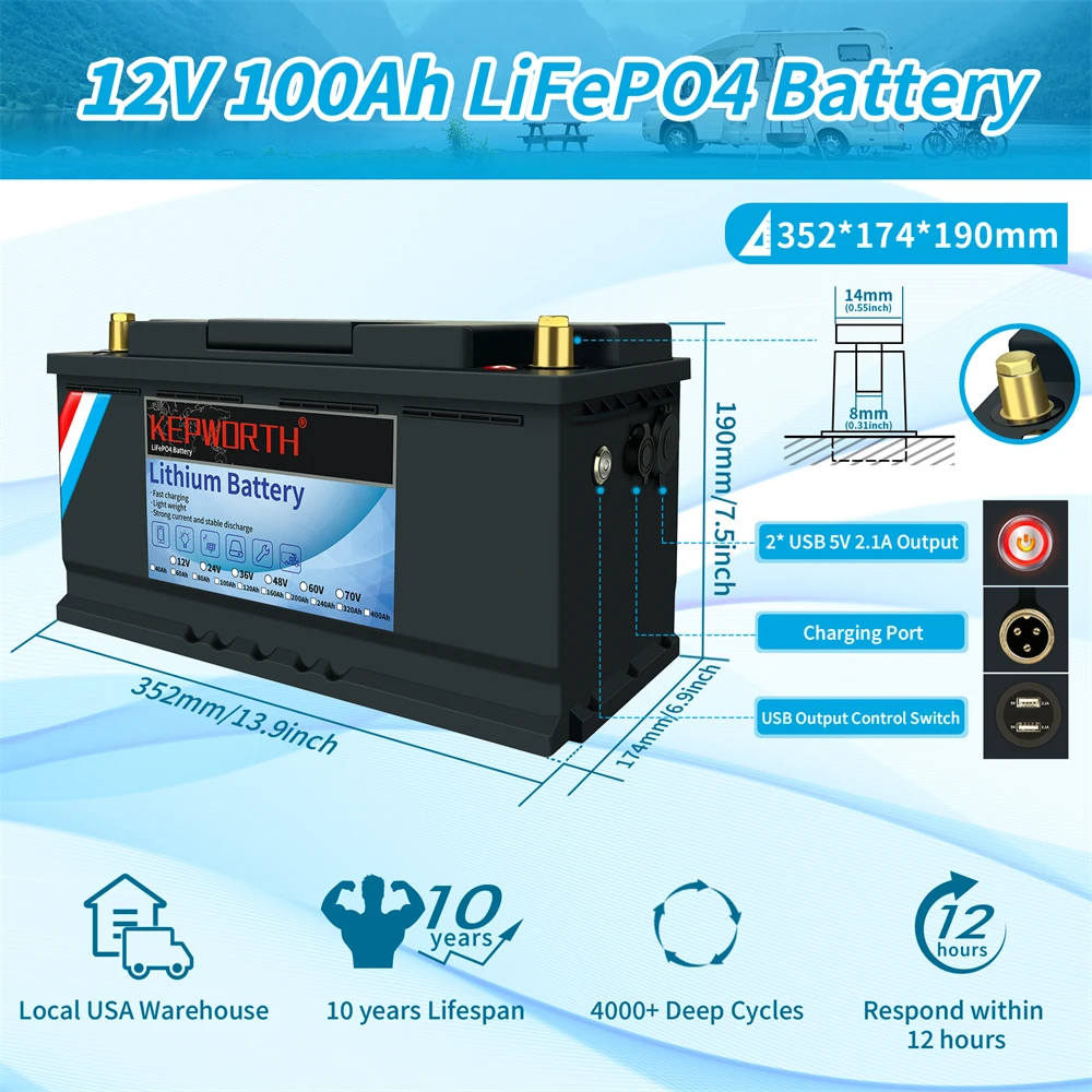 

LiFePO4 Lithium Iron Phosphate Battery with BMS, 12V, 24V, 36V, 48V, 100Ah, 120Ah, 200Ah, for Golf Cart, EV, RV, Solar Energy
