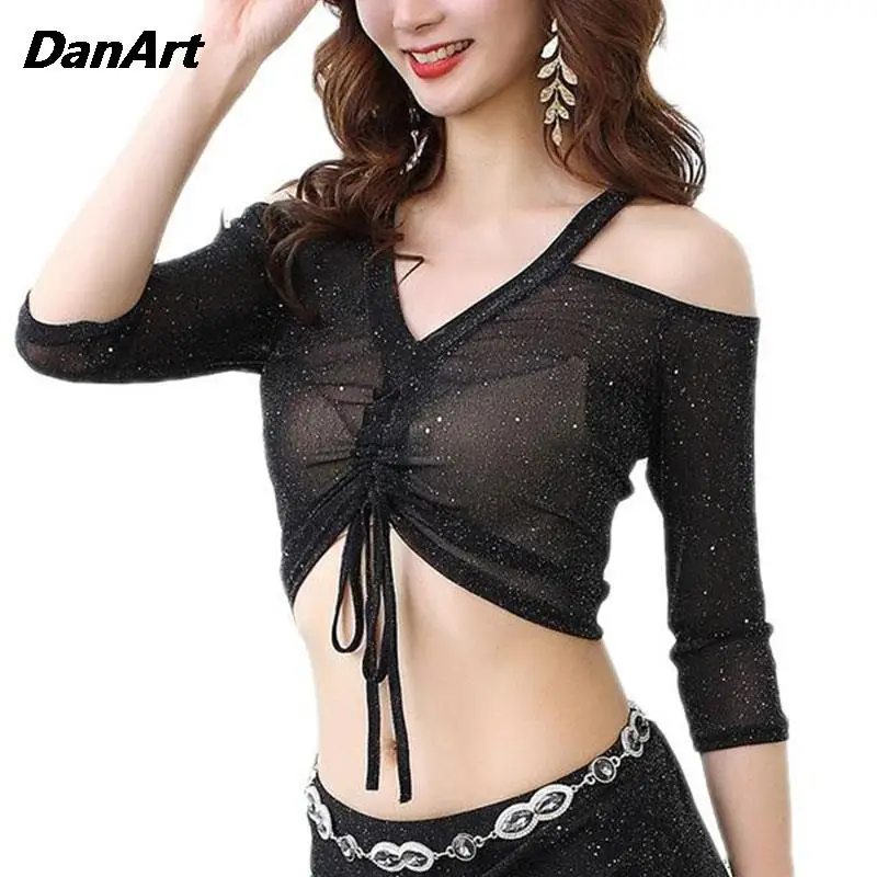 

2024 Women's Sexy Mesh Belly Dance Tops Adult Oriental Indian Dance Elegant Tops Goddess Clothing Practice Training Clothing