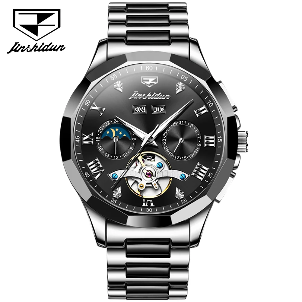 

JSDUN NEW Luxury Watch for Men Skeleton Hollow Out Flywheel Automatic Mechanical Wristwatch Moon Phase calendar Waterproof Watch