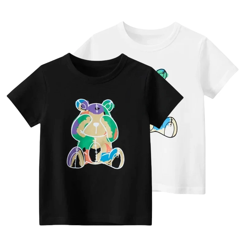 

Новинка лета 2024, футболка для мальчиков с мультяшным медведем, детская одежда с коротким рукавом и круглым вырезом, футболки для мальчиков, хлопковые топы