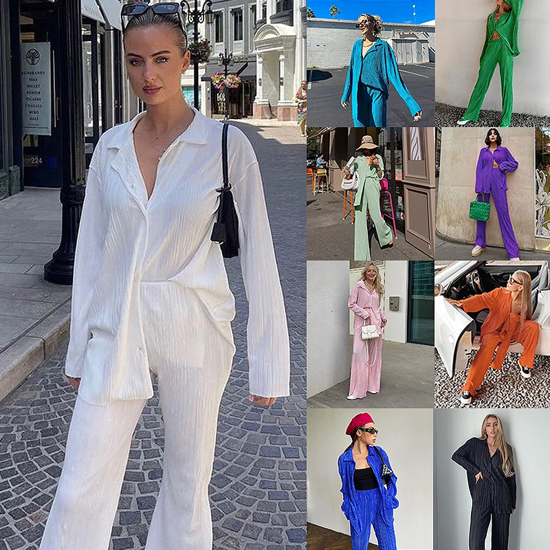 Fashion Women Solid Two Pieces Outfits Long Sleeve Blouses with High Waist Pants Office Lady Casual Loose Wide Leg Trousers Set
Fashion Women Solid Two Pieces Outfits Long Sleeve Blouses with High Waist Pants Office Lady Casual Loose Wide Leg Trousers Set
