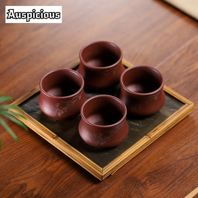 

4pc/set Handmade Purple Clay Teacup Hand-carved Single Cup Tea Bowl Master Cup Chinese Teaware Drink Teaset Accessories Gift Box