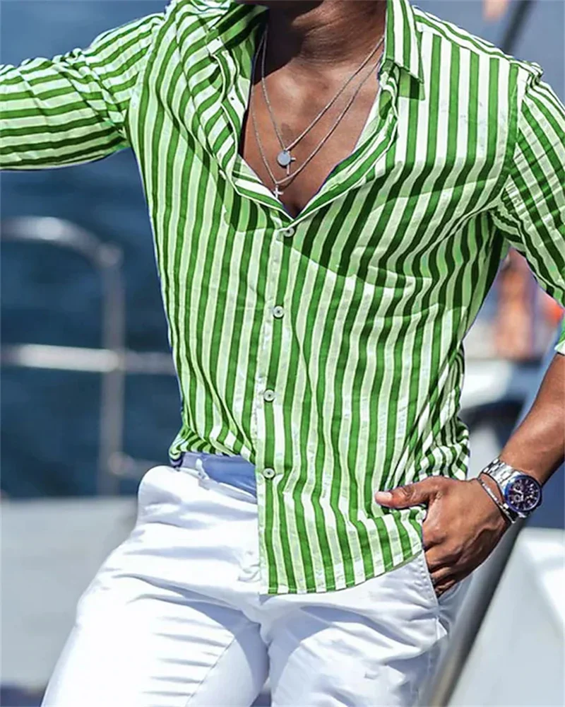 

Summer 2023 men's long-sleeved green striped printed shirt men's social luxury party dress Hawaiian elegant classic fashion 6XL