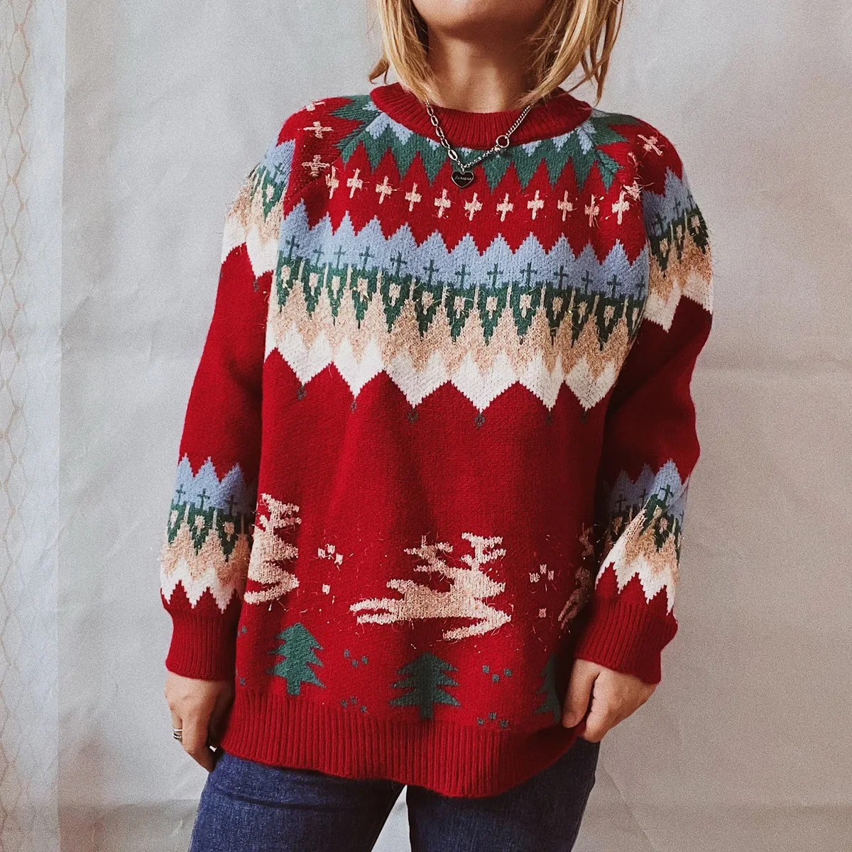

Женский Рождественский свитер, плотный Блестящий шелковый пуловер с длинным рукавом и оленем на рождественскую елку, модный Свободный теплый джемпер большого размера для зимы