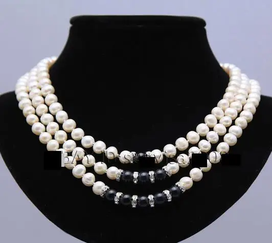 

Jewelry 3 row 7-8mm white Freshwater genuine cultured natural Pearl necklace 17INCH black