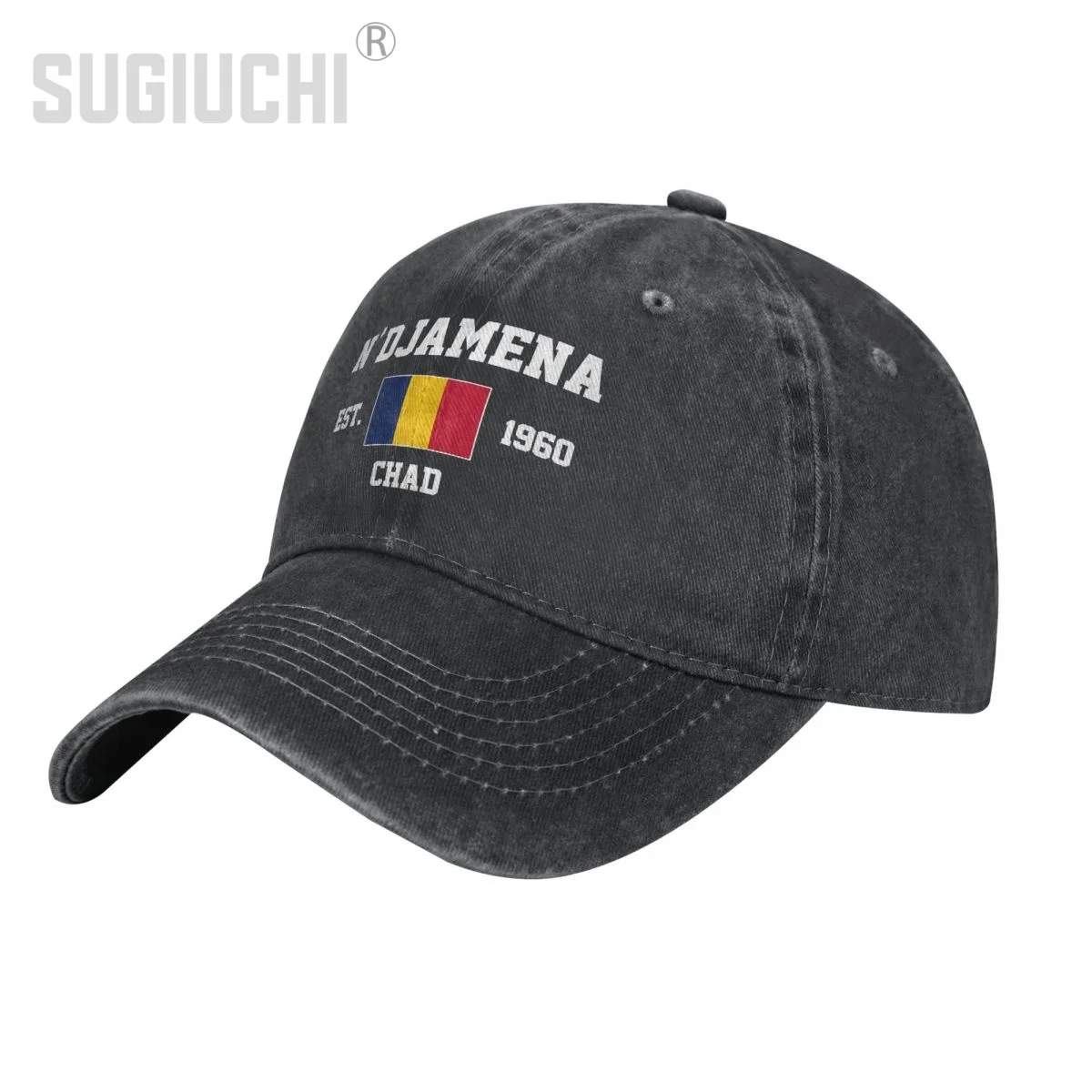 

Flag of Chad EST.1960 N'Djamena Unisex Adult Charcoal Washed Denim Baseball Cap Men Vintage Cotton Dad Patriotic Trucker Hat