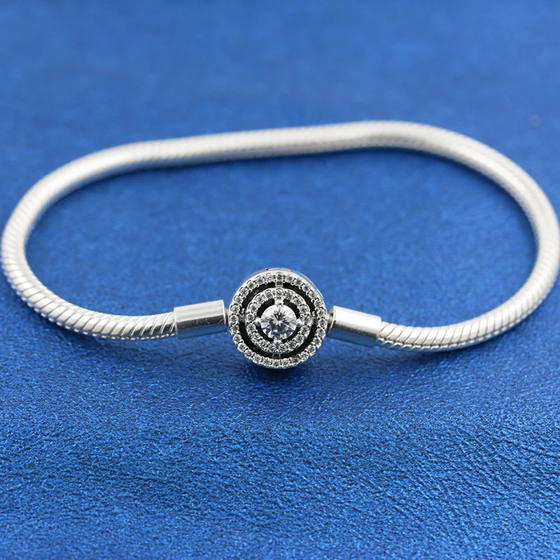 

925 Sterling Silver Moments Halo Clasp Snake Chain Bracelet With Clear CZ For Women Fit Original Pandora Charm Beads Jewelry
