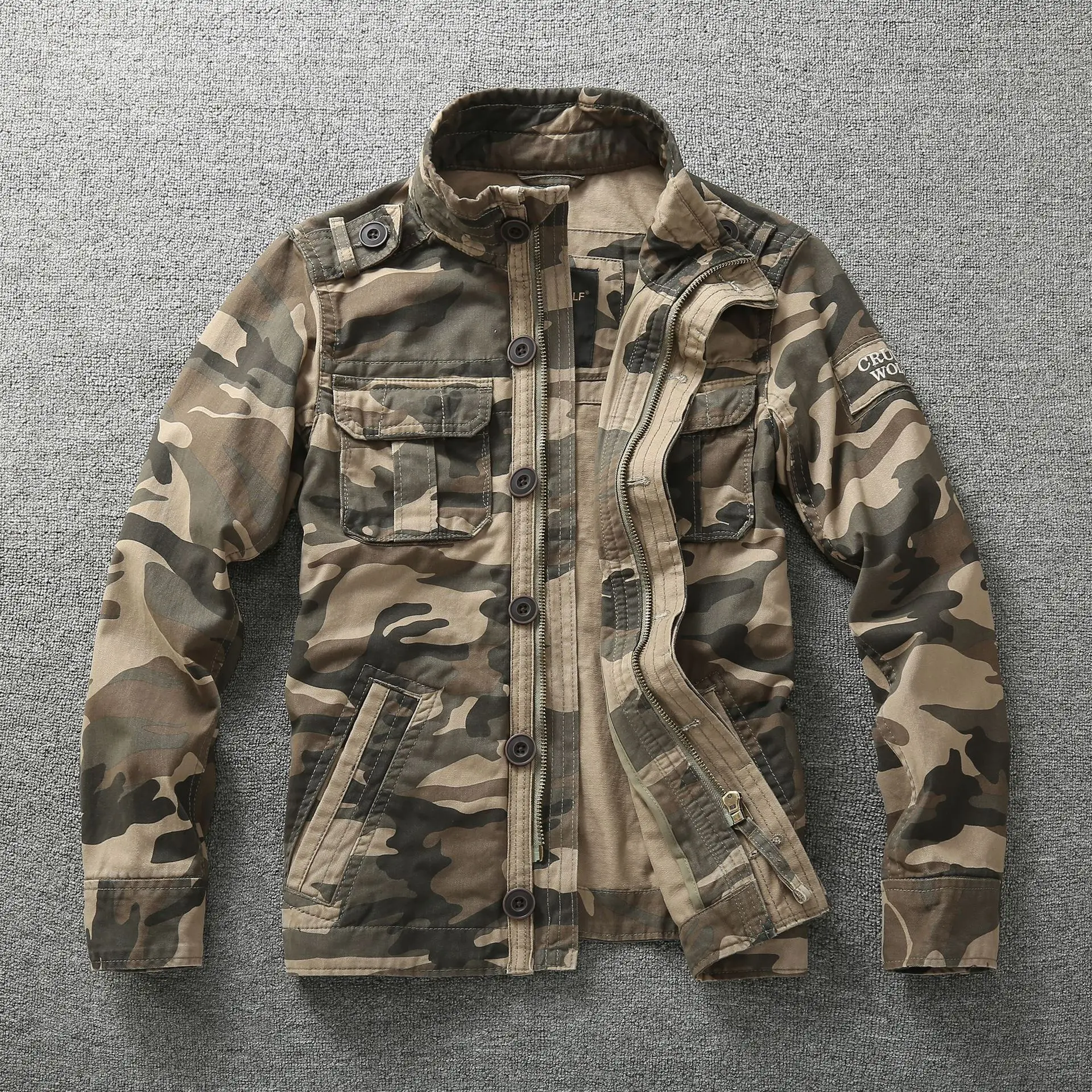

Men Military Jacket Denim Retro Cargo Hooded Jacketes Outdoor Multi Pockets Camo Tops Field Casual Fashion Hiking Coats Uniform