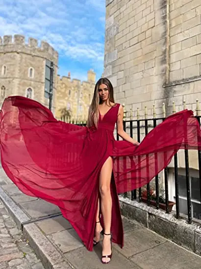 Women's V Neck Bridesmaid Dresses with Pockets Chiffon Split Formal Gown Long Evening Dress
Women's V Neck Bridesmaid Dresses with Pockets Chiffon Split Formal Gown Long Evening Dress