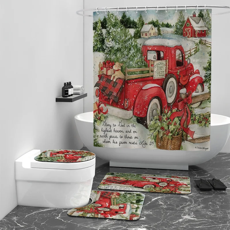 

Merry Christmas 3D Printed Bathroom Set Together Shower Curtain Rug Set Bathroom Mats Rugs Toilet Decor Mat 01