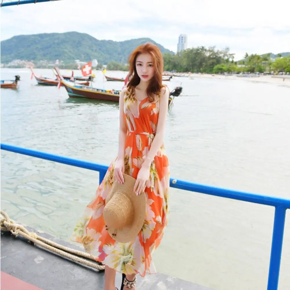 

Floral Print Floral Dress Women Bohemian Beach Dress Sleeveless Beach Skirt V Neck Dacron V-neck Maxi Dress Women Sand