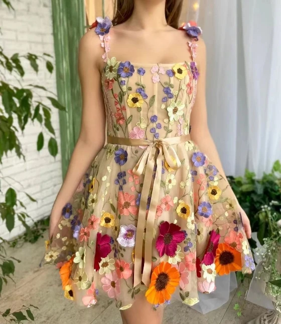 

Женское платье с цветочной 3D вышивкой, кружевное привлекательное мини-платье трапециевидной формы на бретельках с бантом без рукавов, модное базовое милое платье