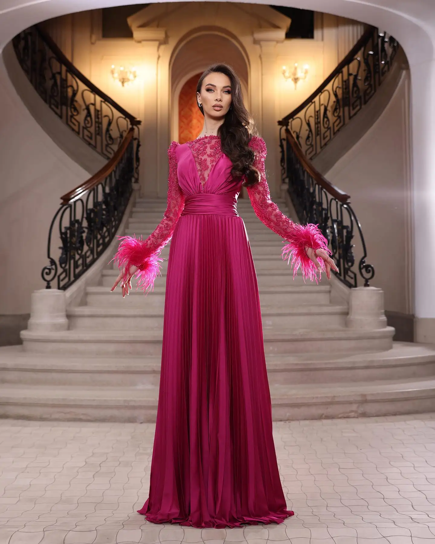 

Женское плиссированное платье It's yiiya, винтажное Кружевное Платье макси с длинными рукавами и перьями на выпускной