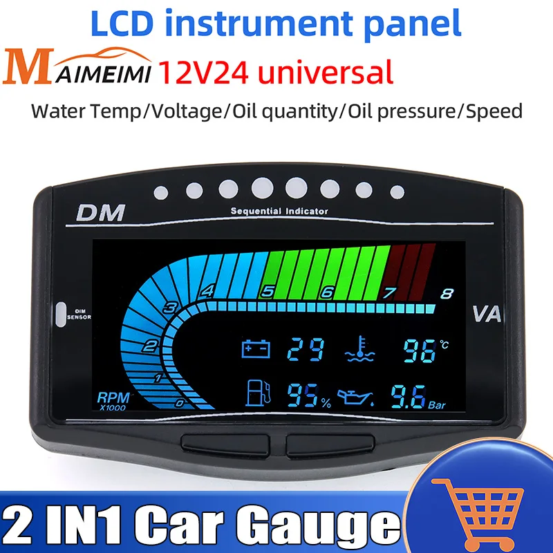 

5 In 1 12V24V Universal LCD Instrument Panel Water Temp + Voltage + Fuel Level + Oil pressure + Tachometer LED Digital Car Gauge