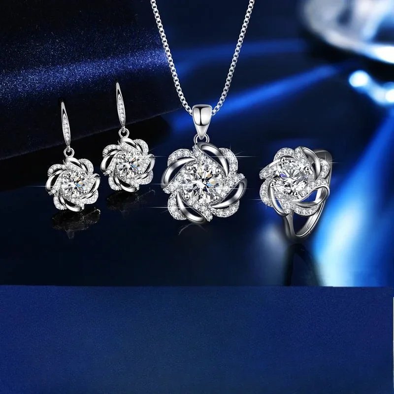 

UMQ S925 Sterling Silver Ring Pendant Necklace Earrings 1 Karat Full Set Three-Piece Platinum Set Luxury Gift