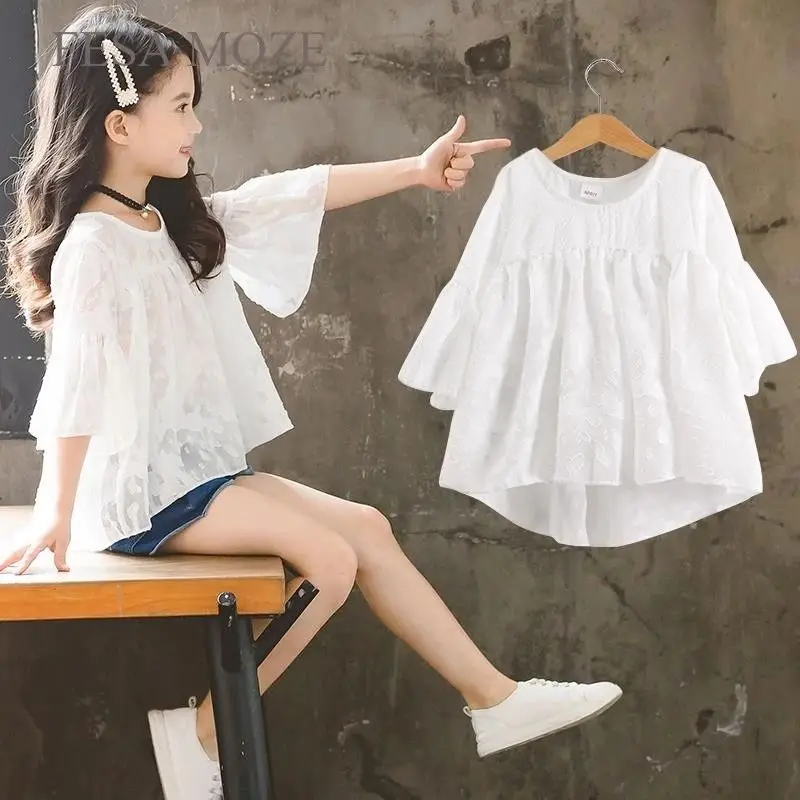

2023 Girls New Teens Summer Kids Girls Long Style Tops Short Sleeve Fashion T Shirts 4-14Years Teenage Girl Outfit Tees Clothes