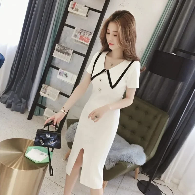 

Summer dress 2024 new women's short-sleeved skirt doll collar the color contrast slit slimming Fanny pack buttock dress