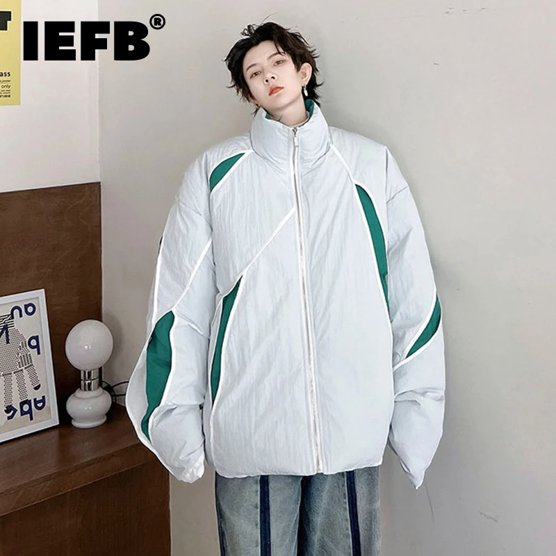 

IEFB Men's Padded Jackets Winter Stand Collar Cotton Coat Broken Hole Contrast Color Splicing Niche Design 2023 Trend New 9C3441