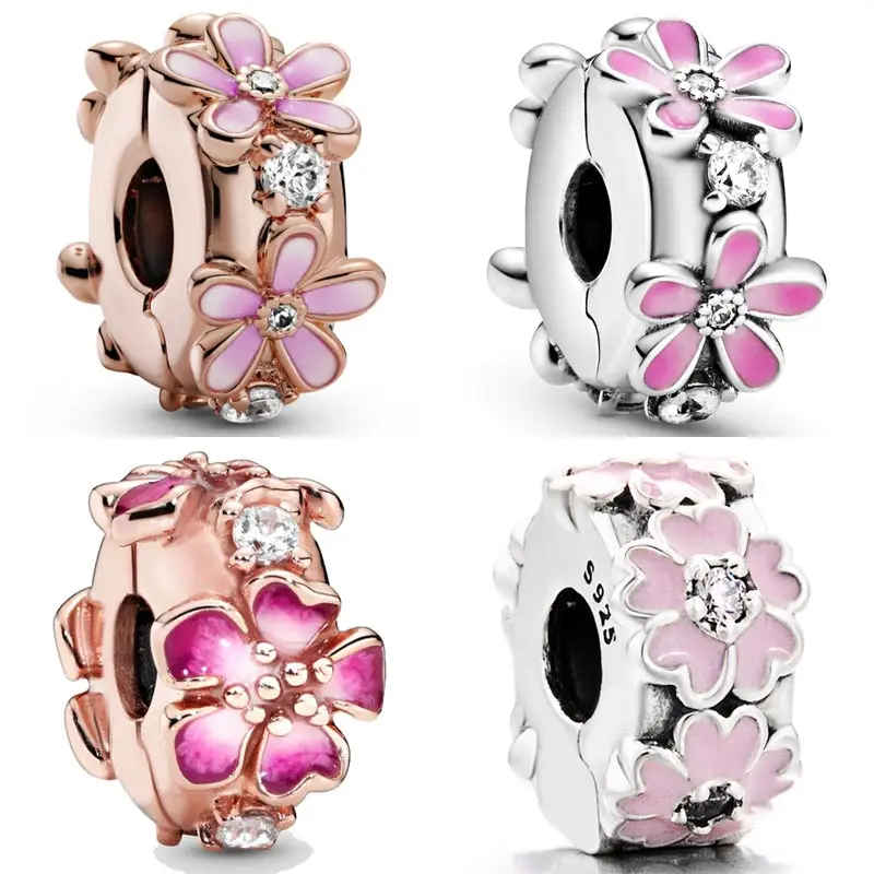 

Original Rose Pink Daisy Peach Blossom Primrose Flower Clip Charm Bead Fit Pandora 925 Sterling Silver Bracelet Jewelry