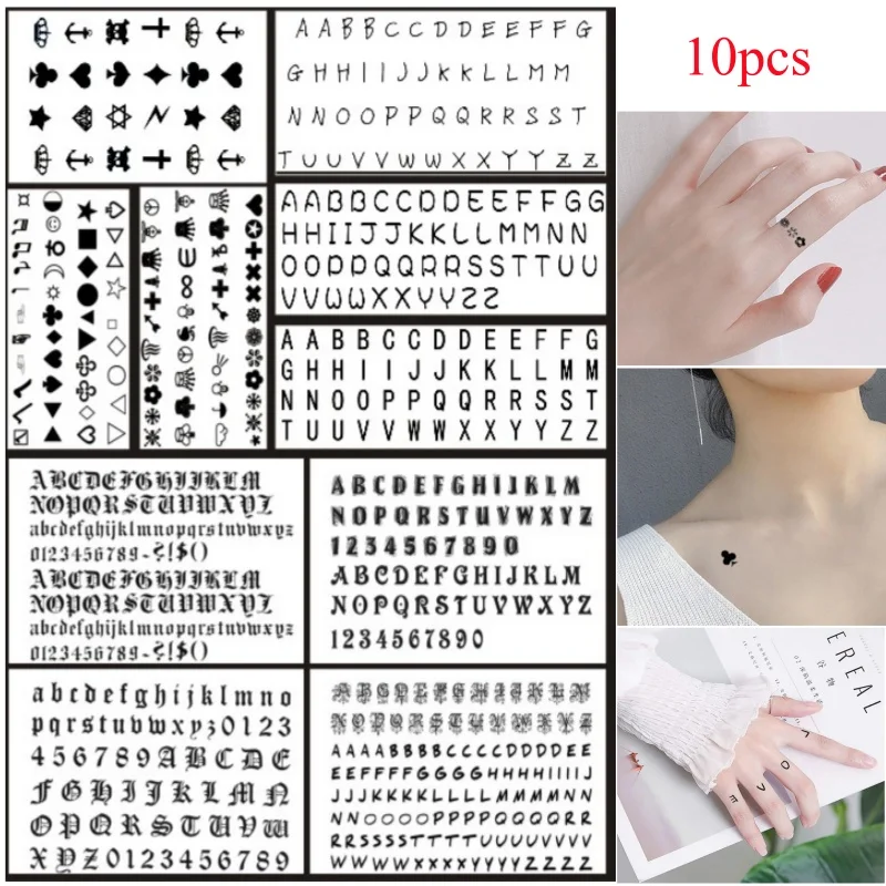 

10pcs/set Alphabet Temporary Tattoo Stickers Black English Letters DIY Name Cross Crown Fake Tattoos Wrist Finger Women Men Kids