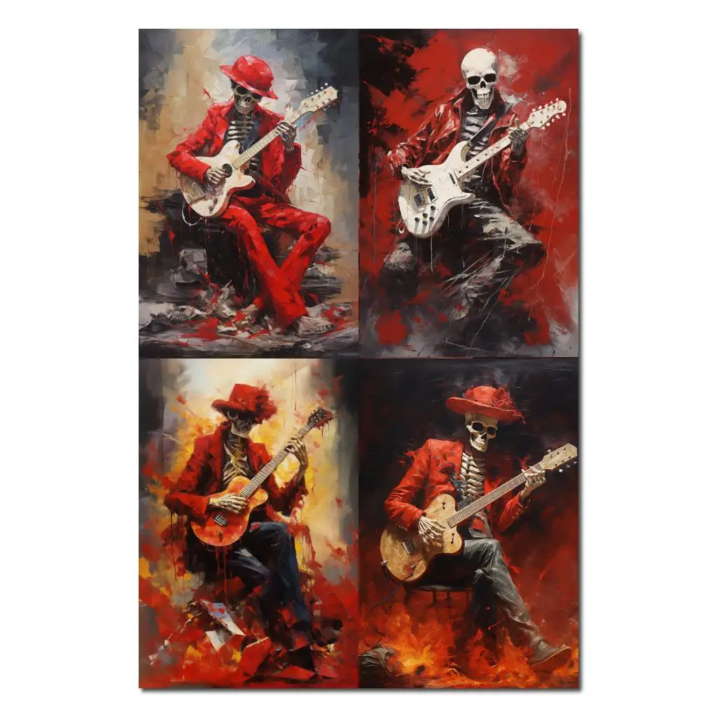 

Skeleton Skull Abstract Canvas Art Music Room Home Decor Playing Guitar Rock Hand Painted Oil Painting Modern Artwork Textured