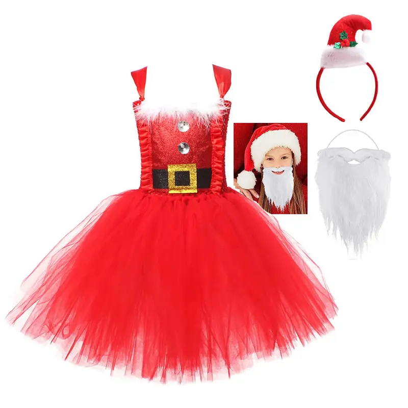 

Christmas Elf Dress For Baby Girl Lace Costume Xmas Kid Bow Sling Frock+Santa Beard+Headband 3PC Set Child Tunic Cloth