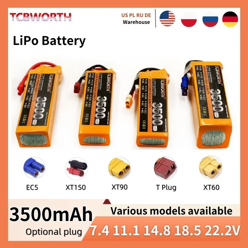 

TCBWORTH 3500mAh LiPo Battery 2S 3S 4S 5S 6S For RC Airplane Car Plane Boat Truck Tank Drone Helicopter XT60/T Plug RC Batteries