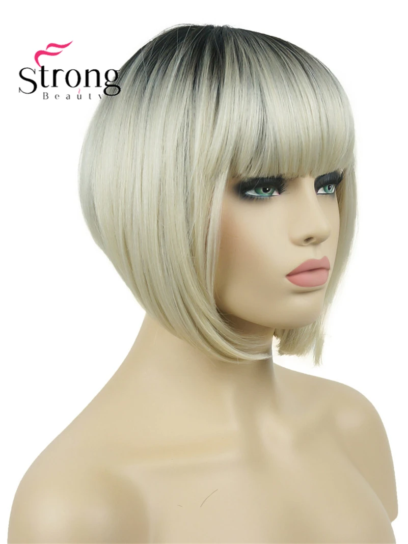 

StrongBeauty Neat Bang Short Bob style Wig Blonde Ombre And dark Root Synthetic Natural Full Wigs