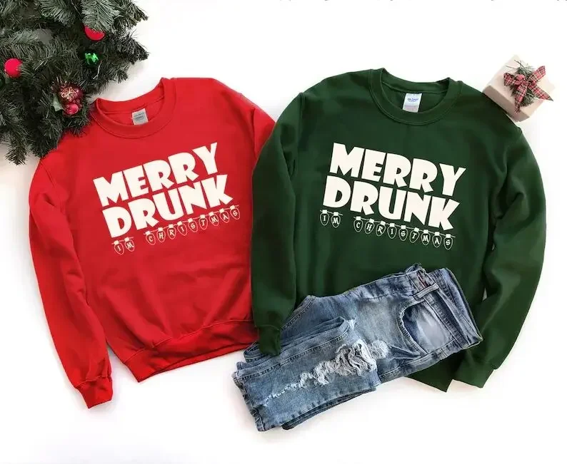 

Christmas Sweatshirt, Merry Drunk Funny Matching Unisex Streetwear goth 100% cotton Female Clothes y2k kawaii Drop shippingee