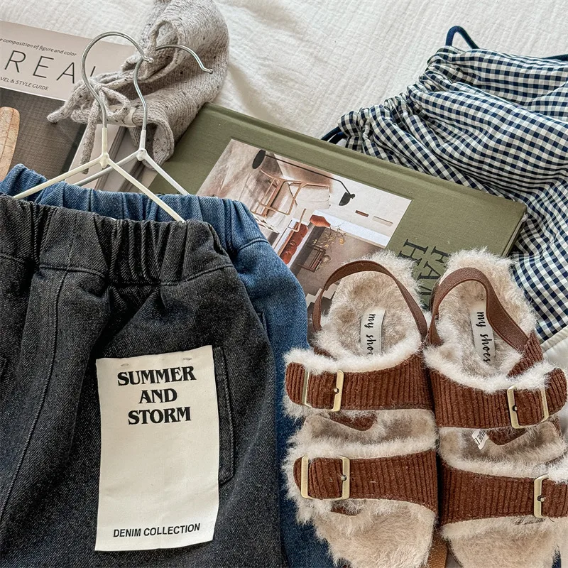 2025 Winter New Children Plus Velvet Thick Jeans Letter Print Girls Trousers Baby Boy Fleece Denim Pants Kids Warm Pants 40 S8406683dcee34db68d454658b7acb70cX