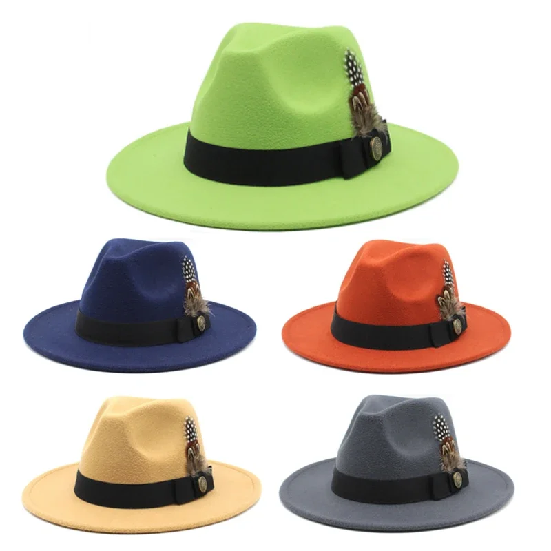 

New Fashion Men Women Feather Fedora Hat Woolen Gentleman Classical Jazz Caps British Style Panama Wide Brim Solid Color