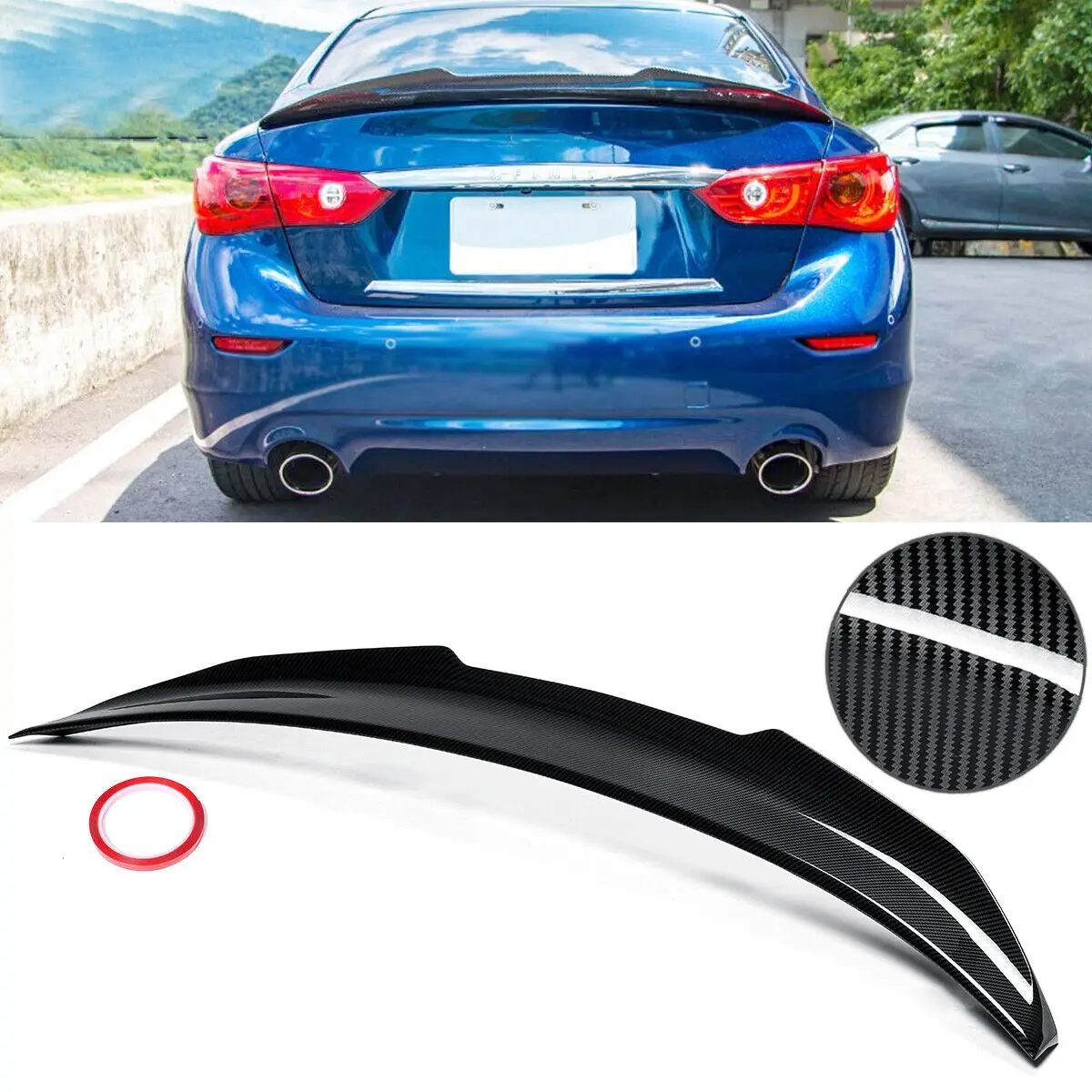 Rear Lip Trunk Spoiler Wing For 14-24 Infiniti Q50 Sedan PSM Carbon Fiber Style Rear Lip Trunk Spoiler Wing For 14-24 Infiniti Q50 Sedan PSM Carbon Fiber Style