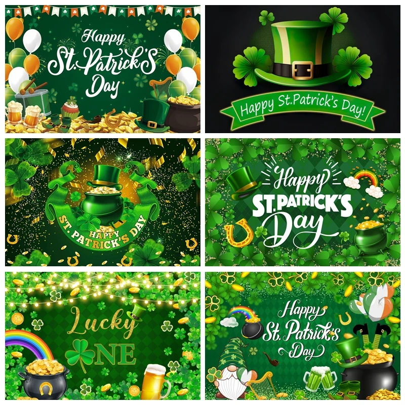 

St. Patricks Day Photography Backdrop Irish Rainbow Green Lucky Shamrock Clover Hat Gold Coin Party Photo Background Studio Prop