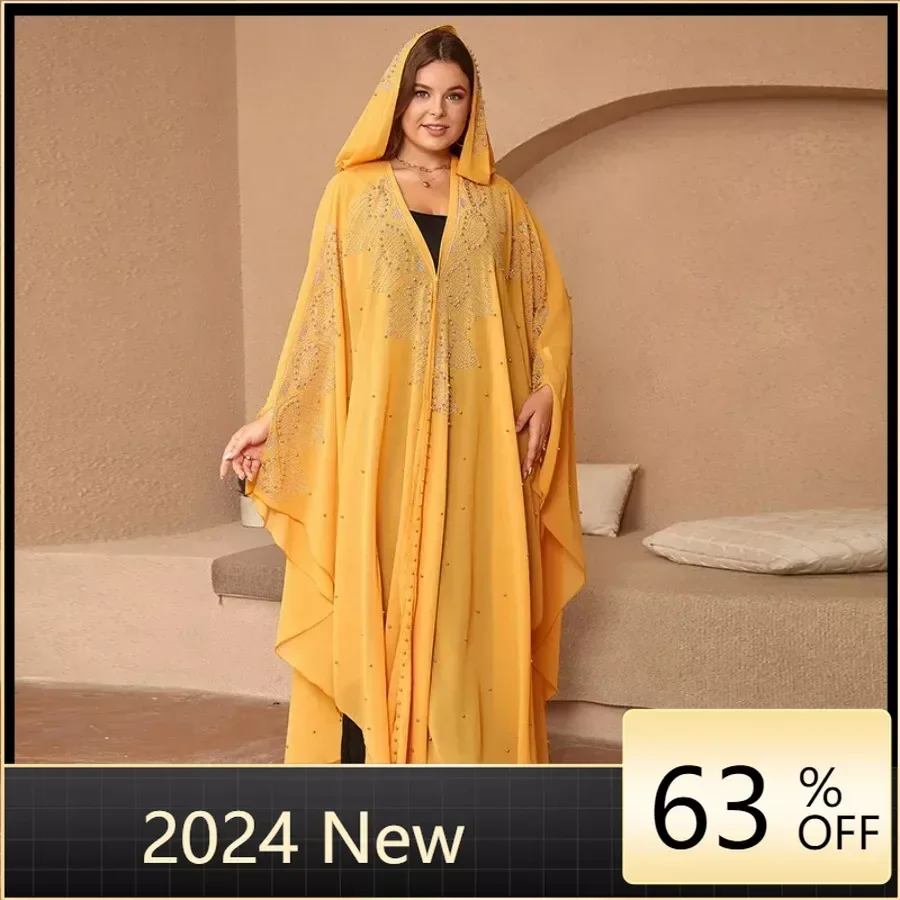 

Women Eid Muslim Abaya African Arab Hooded Cardigan Zipper Long Robe Loose Fit Diamonds Slight Strech Islam Kaftan Casual