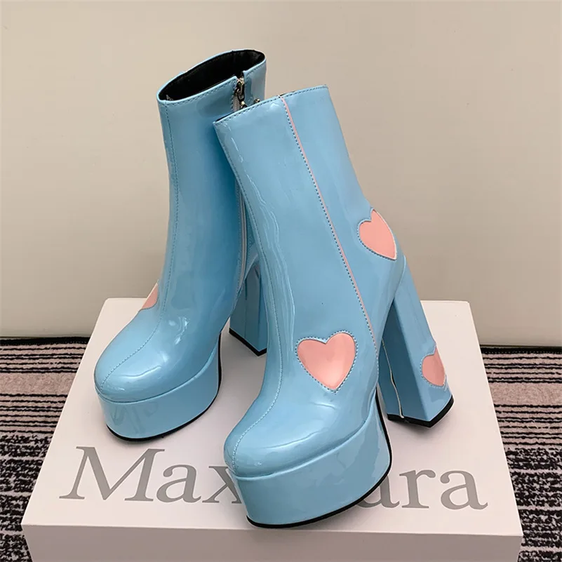 

Winter Thermal Boots Women 14.5cm High Heels Ankle Boots 4.5cm Platform Goth Chunky Design Prom Booties Blue Block Heels Shoes