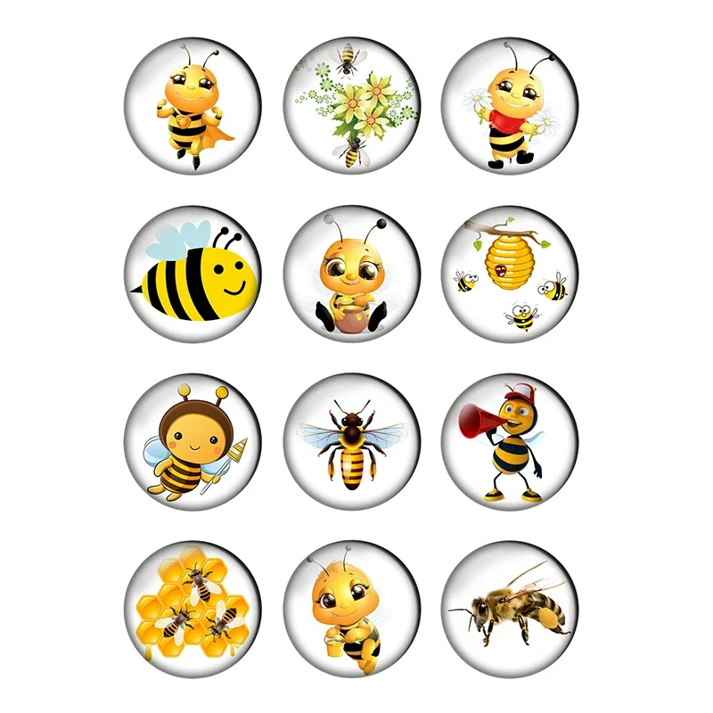 

12pcs Lovely Bee Round Photo Glass Cabochon 8mm 10mm 12mm 14mm 16mm 18mm 20 25mm Demo Flat Back DIY Jewelry Making Supplies T029