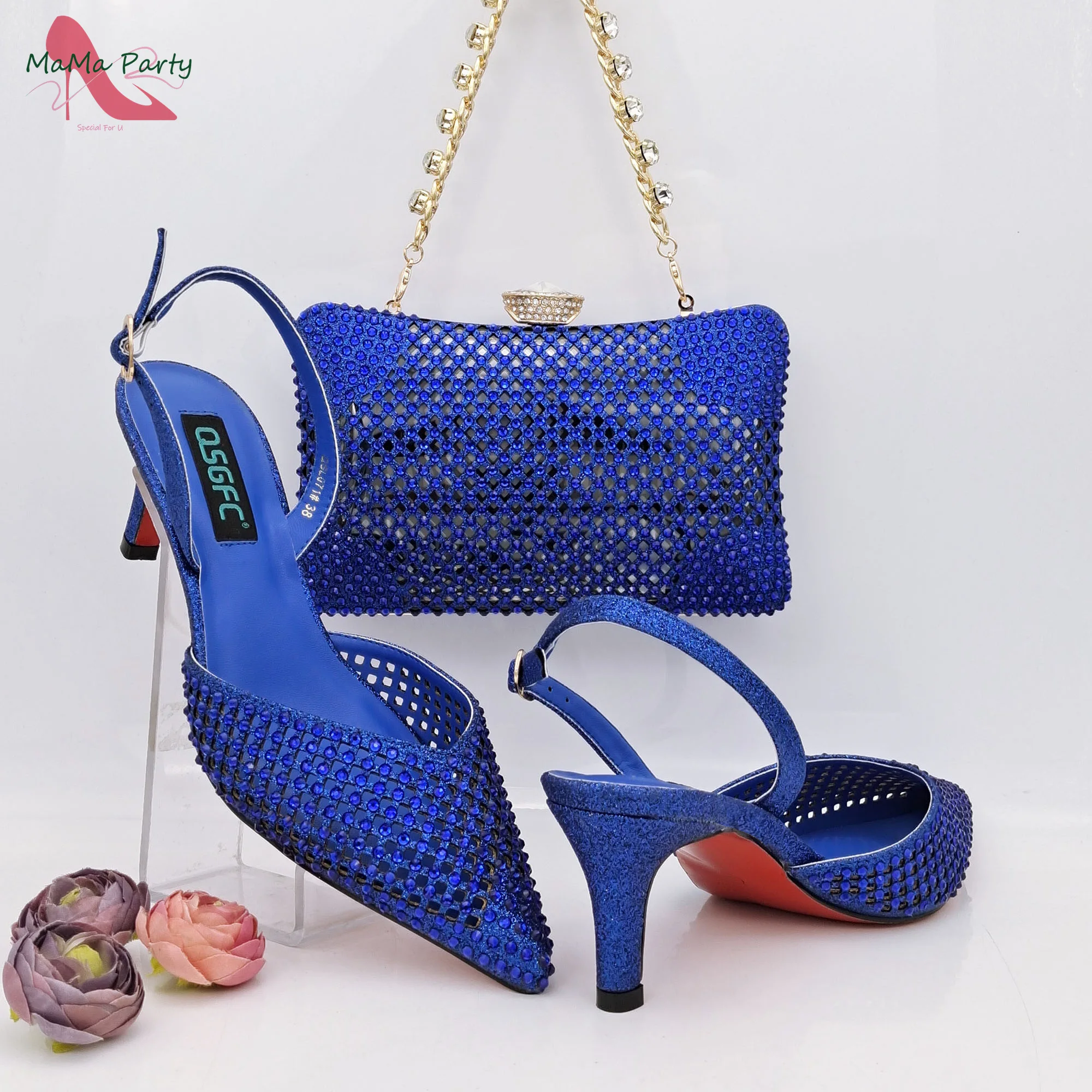 

Fashionable New Arrivals Nigerian 2024 Design Women Shoes and Bag Set in Royal Blue Color Decorate with Rhinestone for Party