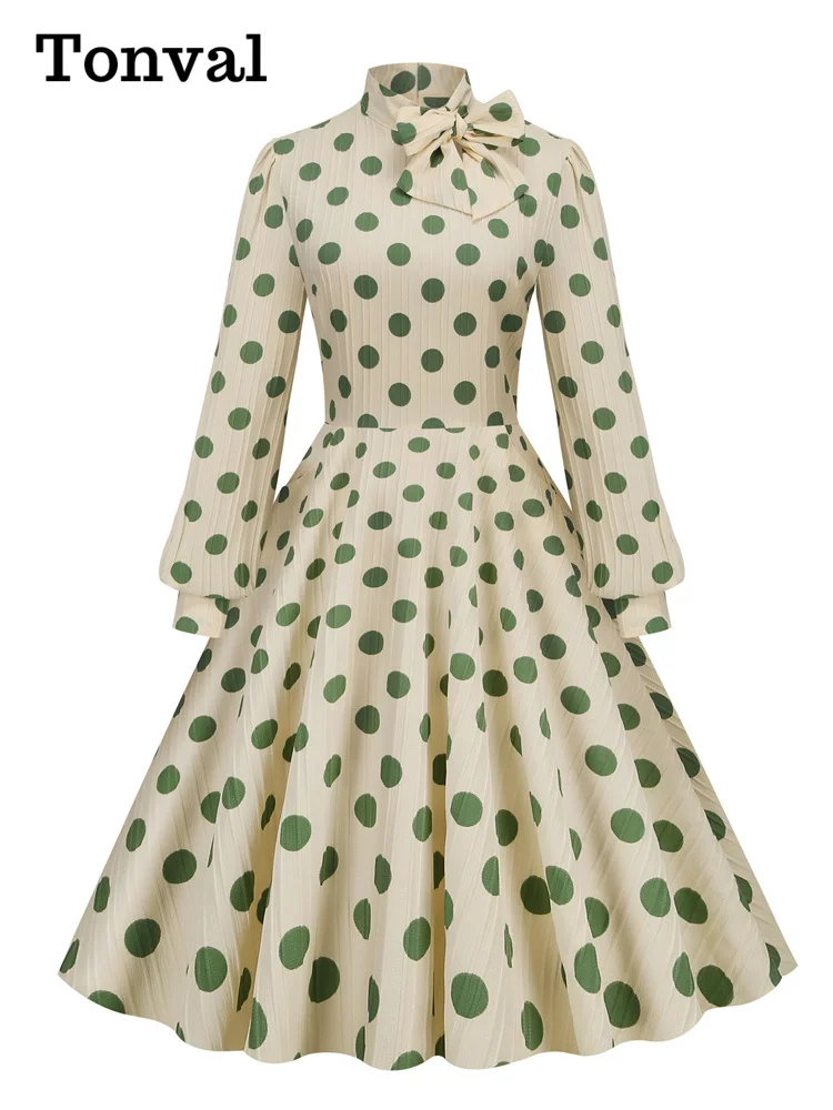 

Tonval Bow Neck Bishop Sleeve Vintage Polka Dot Print Elegant Midi Dress 2023 Spring Fall Outfits Women 50s Retro Pocket Dresses