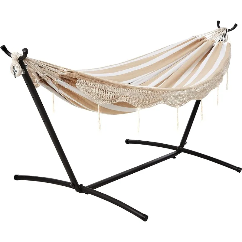 

Basics Double Hammock with 9-Foot Space Saving Steel Stand and Carrying Case, Beige Stripe with Lace, 450 lb Capacity