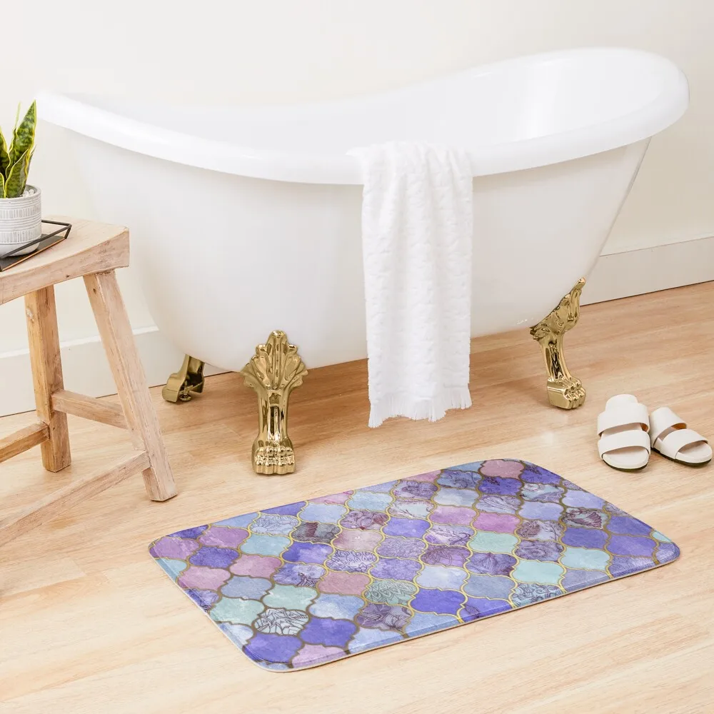 

Royal Purple, Mauve & Indigo Decorative Moroccan Tile Pattern Bath Mat Carpet Anti Slip