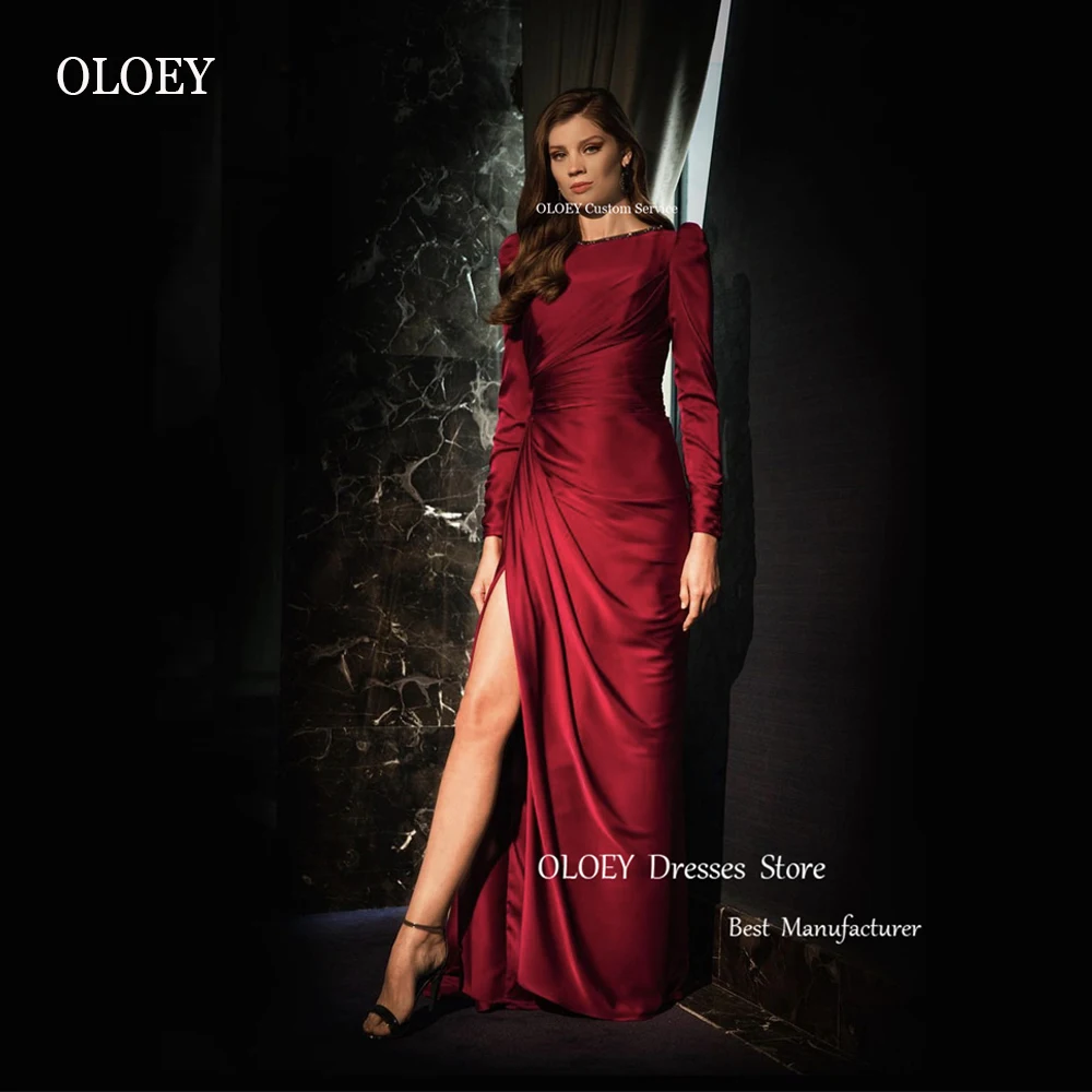 

OLOEY Modest Wine Red Silk Evening Dresses Long Sleeves Jewel Neck Pleats Split Dubai Arabic Women Prom Gowns Celebrity Party